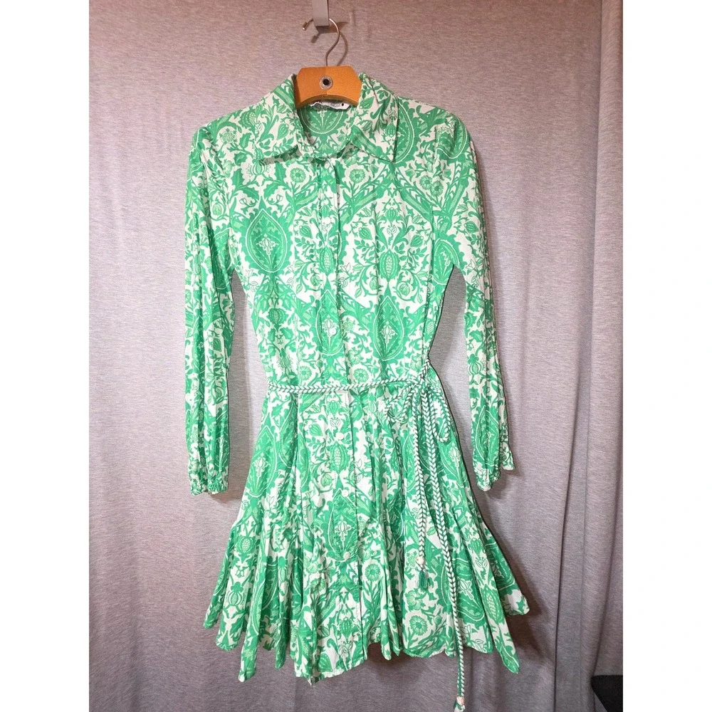 Zara Green White Damask Paisley Print Mini Shirt Dress Braided Belt Womens Sz M - Picture 6 of 8